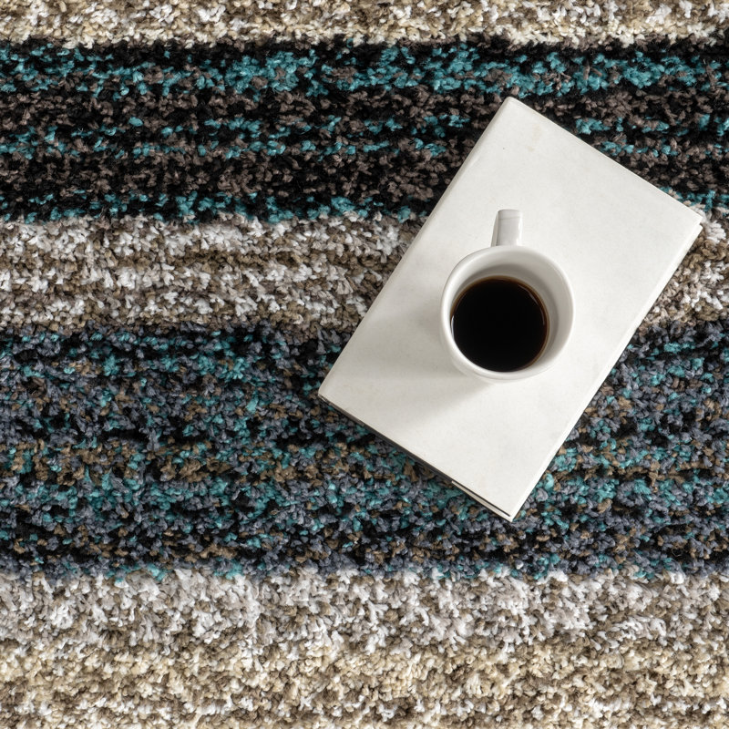 Tapis à poil long brun / bleu sarcelle / bleu touffeté à rayures City, Ovale 3 pi x 5 pi