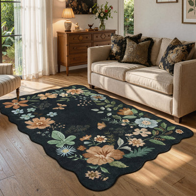 Tapis floral lavable à la machine Garbrand avec envers antidérapant pour le salon, la salle à manger et la chambre à coucher