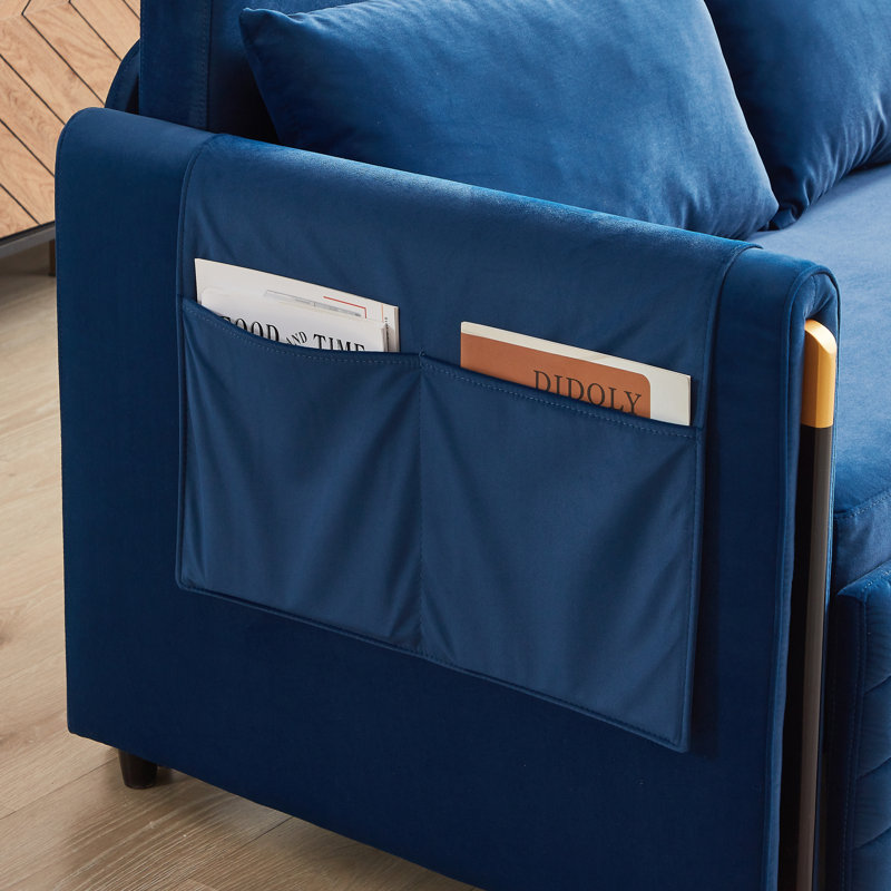 Velvet Multi-position adjustable Sofa with 2 Detachable Arm Pockets, Blue, 33.05" H x 54.05" W x 35.75" D