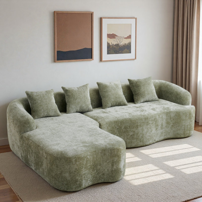 Canapé modulaire en L en chenille à compression complète avec méridienne courbée et coussins, Tissu vert
