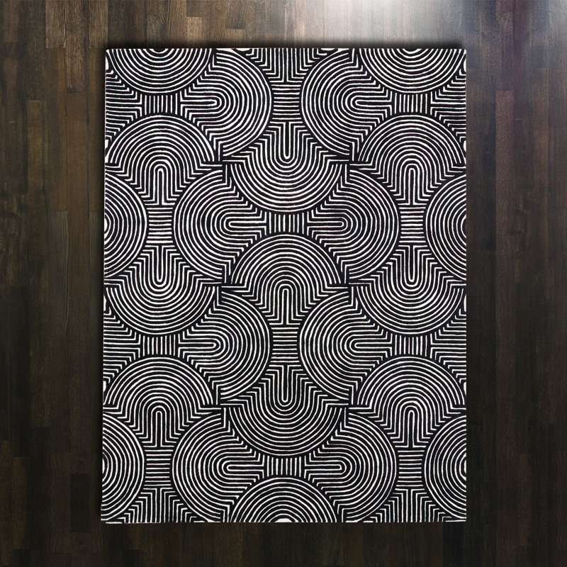Handmade Black and Ivory Wool Geometric 9' x 12' Rug