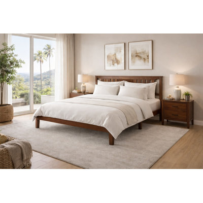 HarborCraft Solid Pine Wood Platform Bed Frame with Headboard - Walnut Finish