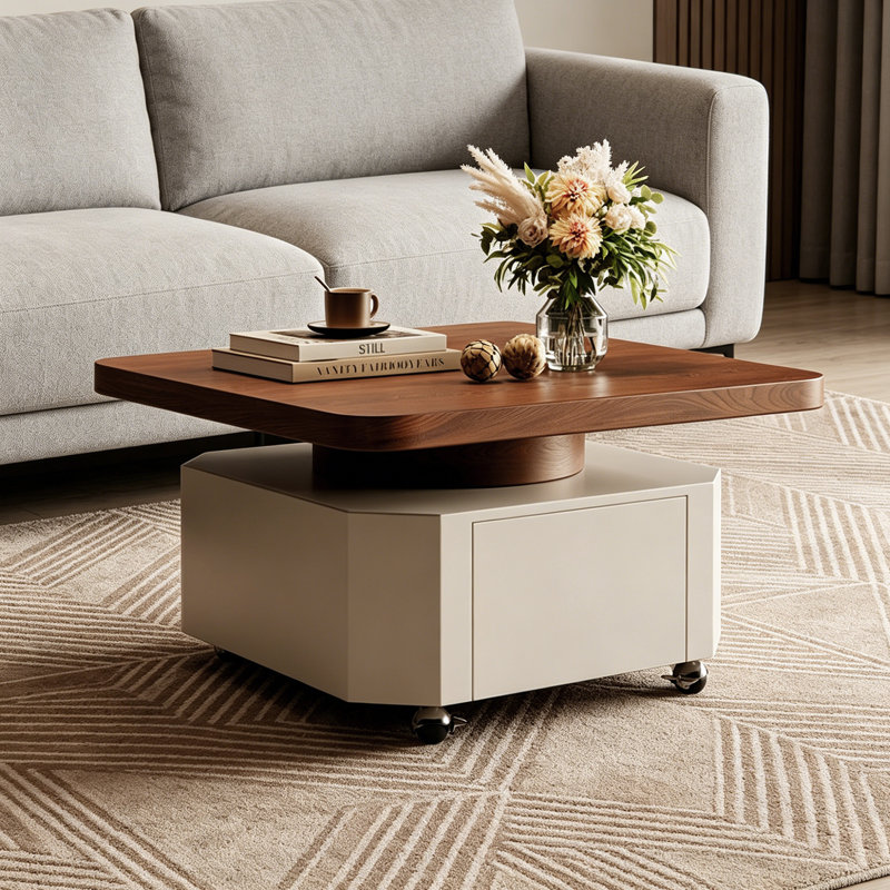 Petite table basse mobile avec roulettes, Nut-Brown Top/White Base