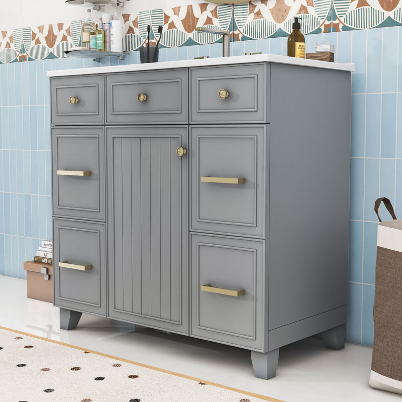 Ensemble de meuble-lavabo simple autoportant avec lavabo en résine Patnaude Modern, Gris