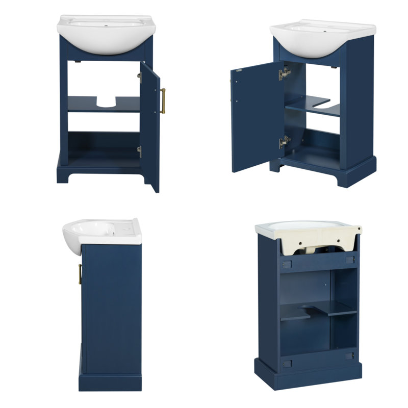 Ensemble d'armoire de salle de bain simple 20 po avec lavabo en céramique, porte à fermeture lente, lavabo en céramique convexe, bleu