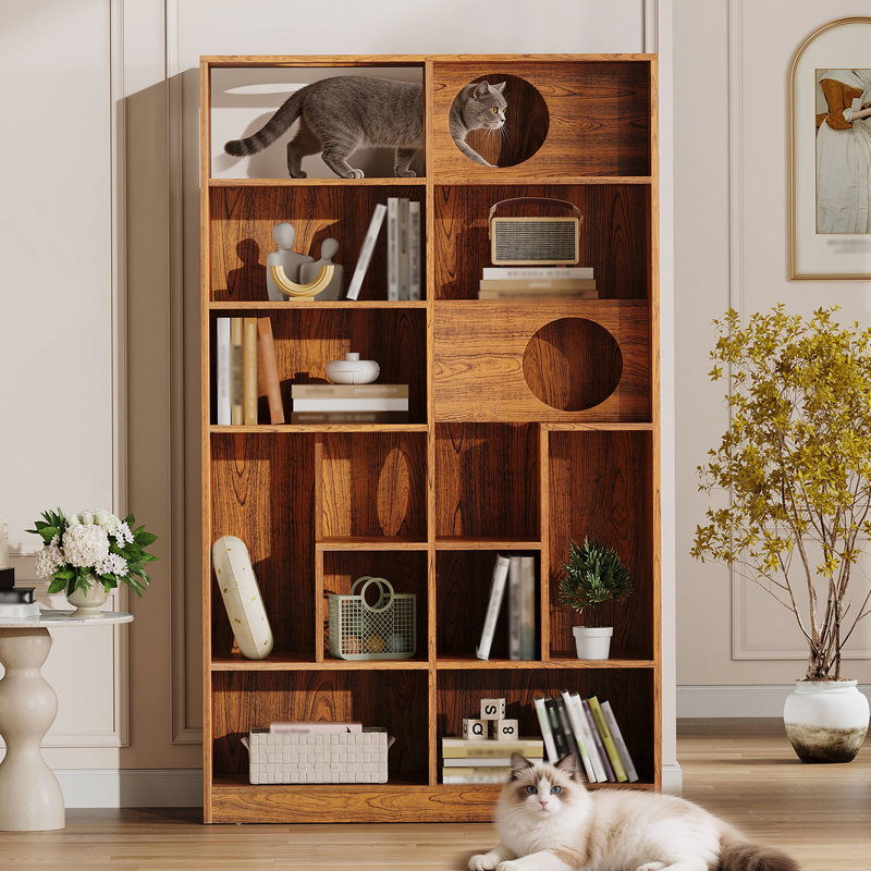 Bibliothèque pour chat moderne 2 en 1, étagère à chat avec rangement, litière pour chat et tablette d'escalade - Brun