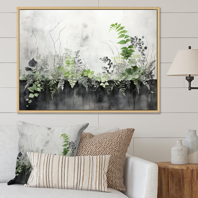 «Green Minimalisme Botanical Serenity - Plants», art mural, Cadre flottant blanc, H 30 po x l 40 po x P 1,5 po