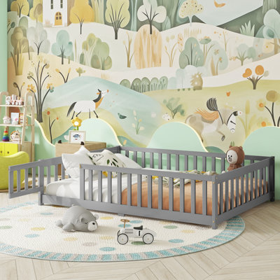 Kids Floor Bed With Fence And Door,rubber Wood Floor Bed With Safety Guardrails