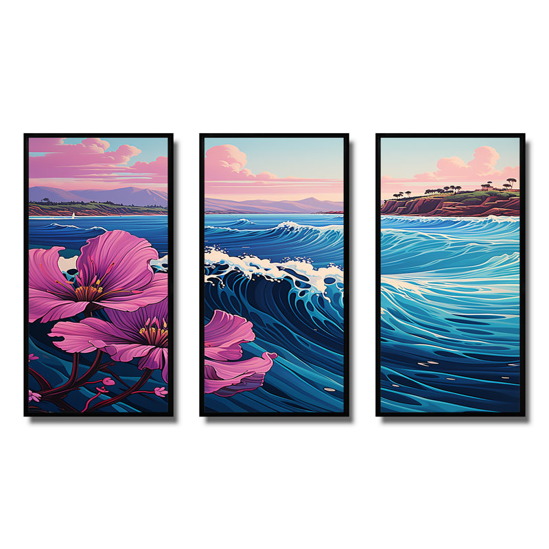 Bleu et mauve attrapant des vagues au Japon - Art mural Japon, Cadre flottant noir, H 28 po x l 36 po x P 1 po