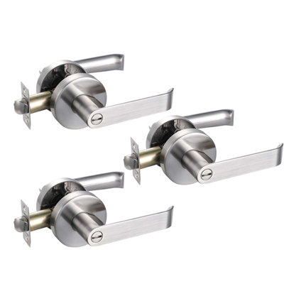 Poignée de porte d'intimité [serrure à bouton-poussoir à l'intérieur] pour la chambre à coucher ou la salle de bain avec une finition en nickel satiné, réversible pour les côtés droit et gauche, avec un protecteur mural de porte