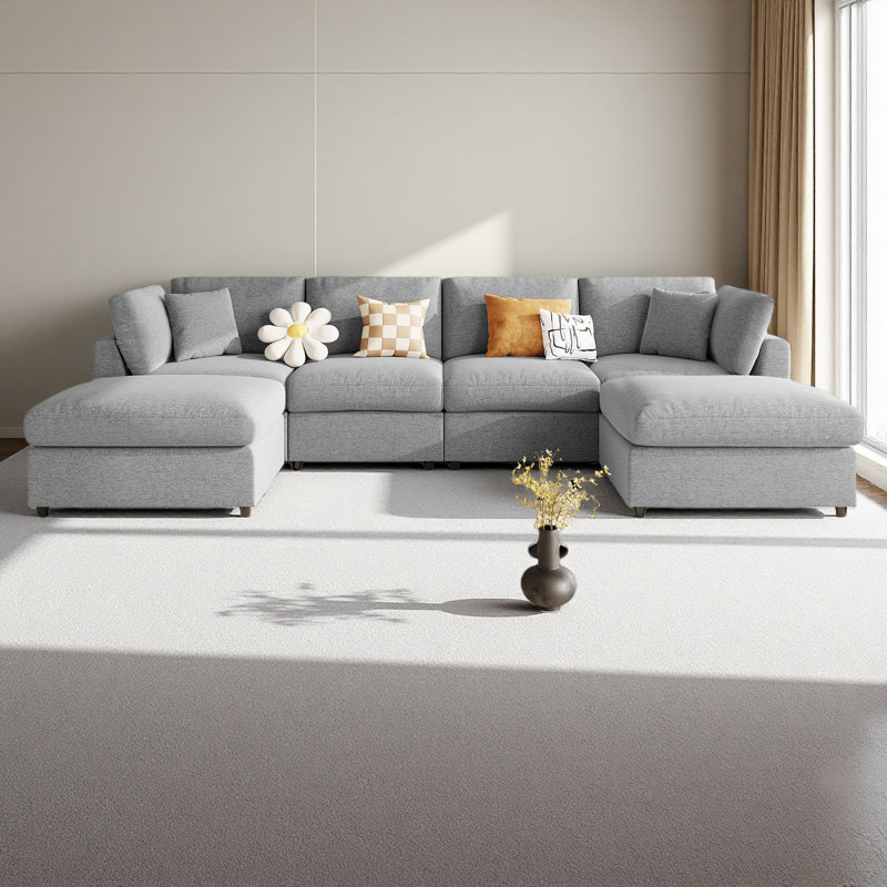 Grand canapé modulaire en U de 130 po avec 2 repose-pieds mobiles, tissu chenille, conception modulaire pour le salon, Gris