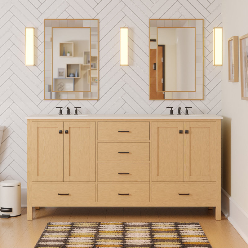 Claudett 72'' Double Bathroom Vanity with Top, Engineered White, Blonde