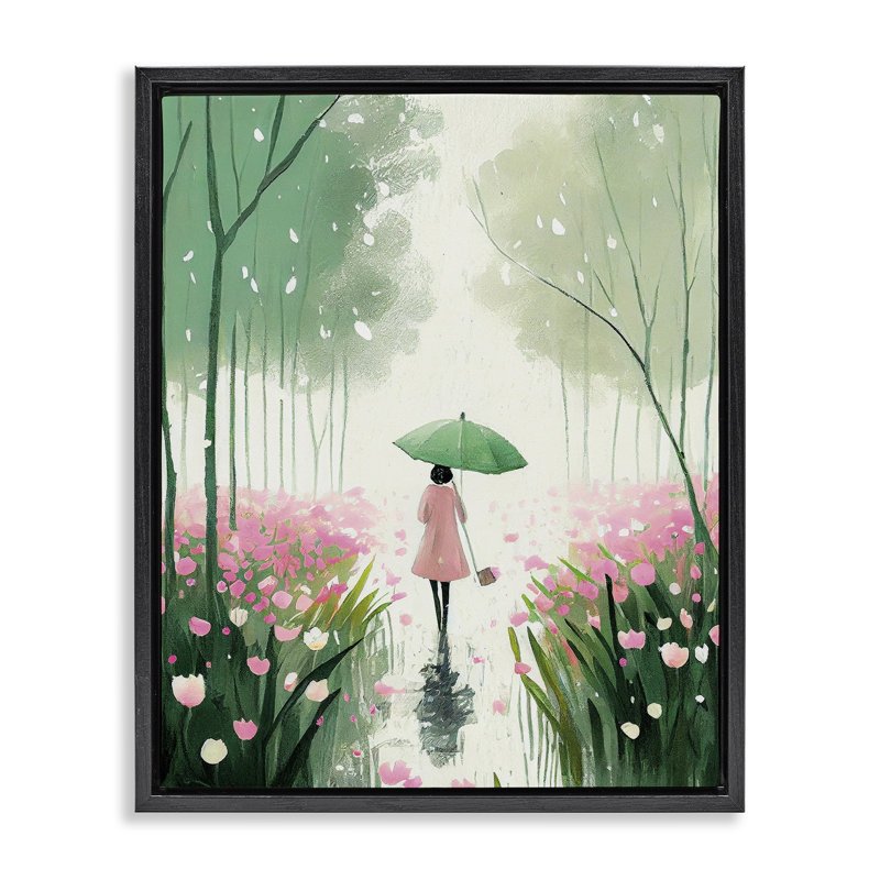"Nature Stroll in Rain", art mural encadré sur toile flottante par Incado, Cadre flottant noir de jais, H 21 po x l 17 po