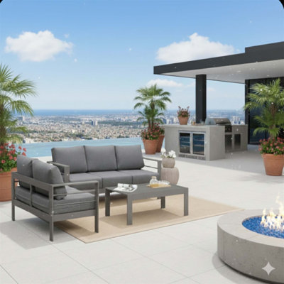 3-Piece Modern Aluminum Patio Conversation Set With Thick Cushions, Frame, And Coffee Table For Comfortable Outdoor Seating