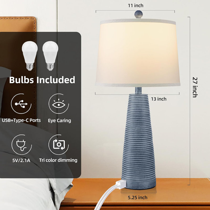 Nightstand Lamp Bedside Lamps Set Of 2 Desk Lamp Vintage Rustic Farmhouse Table Lamp 3 Way Dimmable Light,Bulb X 2,USB AC Port (With Gold, High 27 Inch)