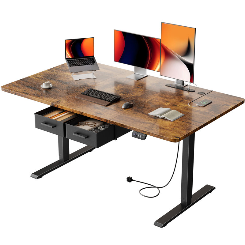 Adjustable Metal Base Standing Desk with Power Outlet, 140cm W x 80cm D, Brown/Black