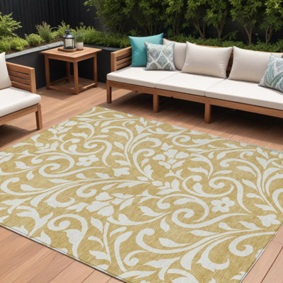 Tapis intérieur lavable à motif floral doré et beige 10 pi x 14 pi