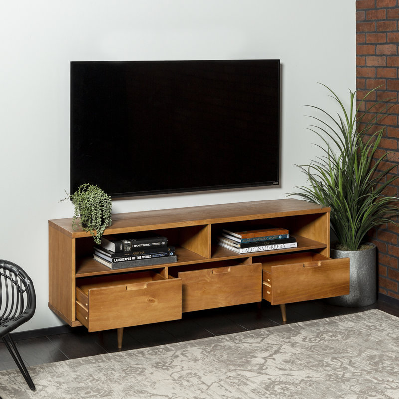 Meuble télé en bois massif 58 po à 3 tiroirs pour téléviseur de 60 po ou moins Sadie, Caramel