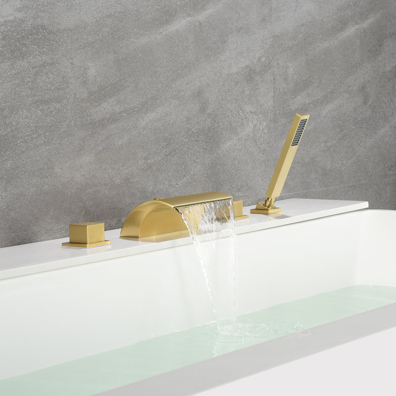SUMERAIN High Flow Waterfall Double Knob Handle Roman Tub Faucet with Diverter and Hand Shower, Brushed Gold, Brushed Gold
