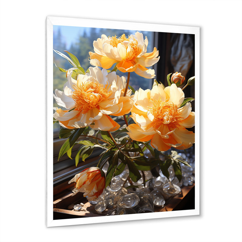 Art floral jaune pivoines jaunes, Cadre photo blanc, H 32 po x l 16 po x P 1 po