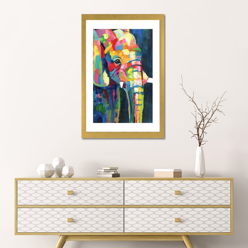 «Vibrant Elephant» par Nan - impression, H 24 po x l 16 po x P 1 po, Encadrement doré
