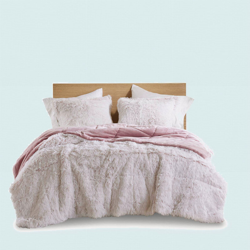Shaggy Faux Fur Comforter Mini Set, Full/Queen Comforter + 2 Additional Pieces, Pink/White