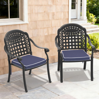 Ensemble de 2 chaises de salle à manger empilables pour patio avec accoudoirs et coussins, noir et bleu