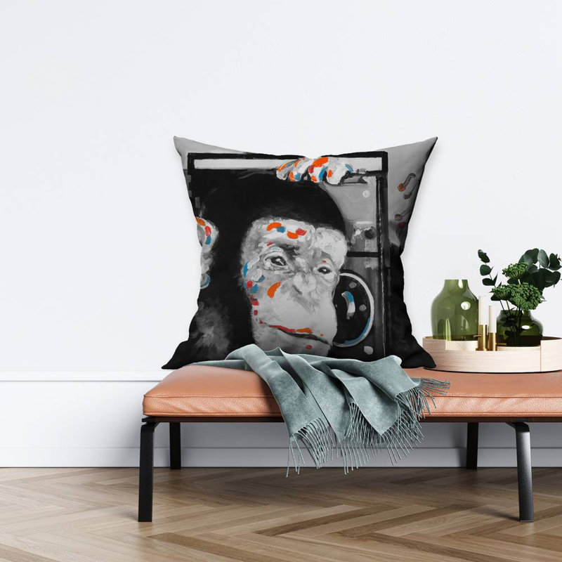 Monkey listening to radio - 26"x26" Throw pillow cover - Poly twill - Print on demand