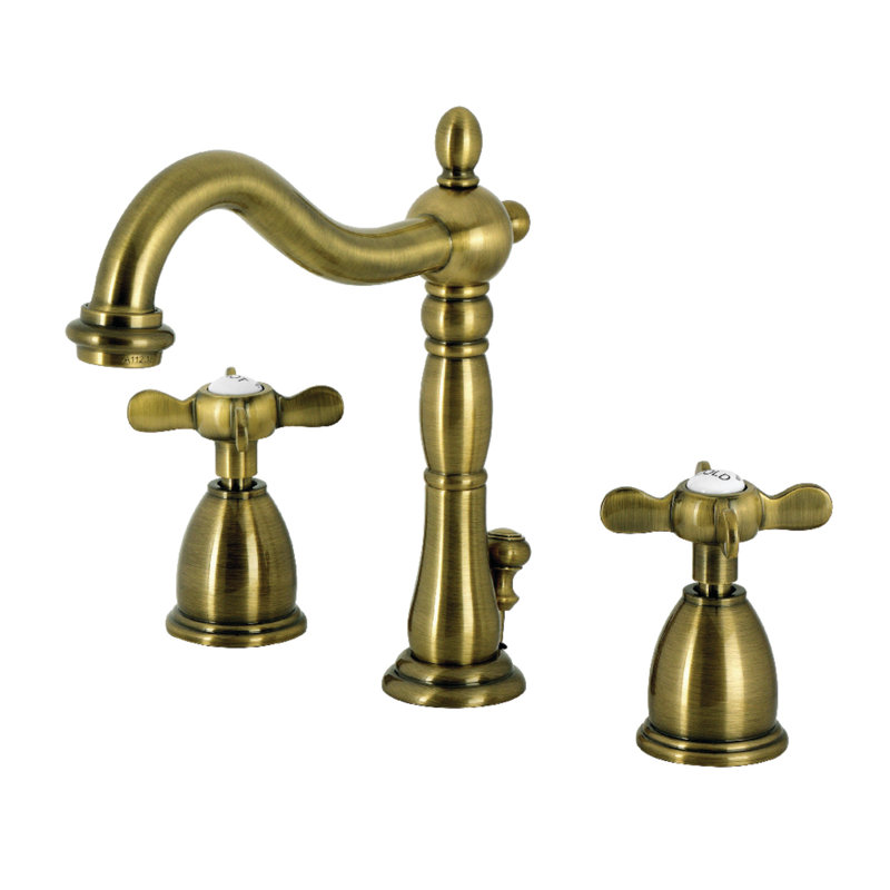 Kingston Brass Essex Two-Handle 3-Hole Deck Mount Widespread Bathroom Faucet with Pop-Up Drain, Antique Brass