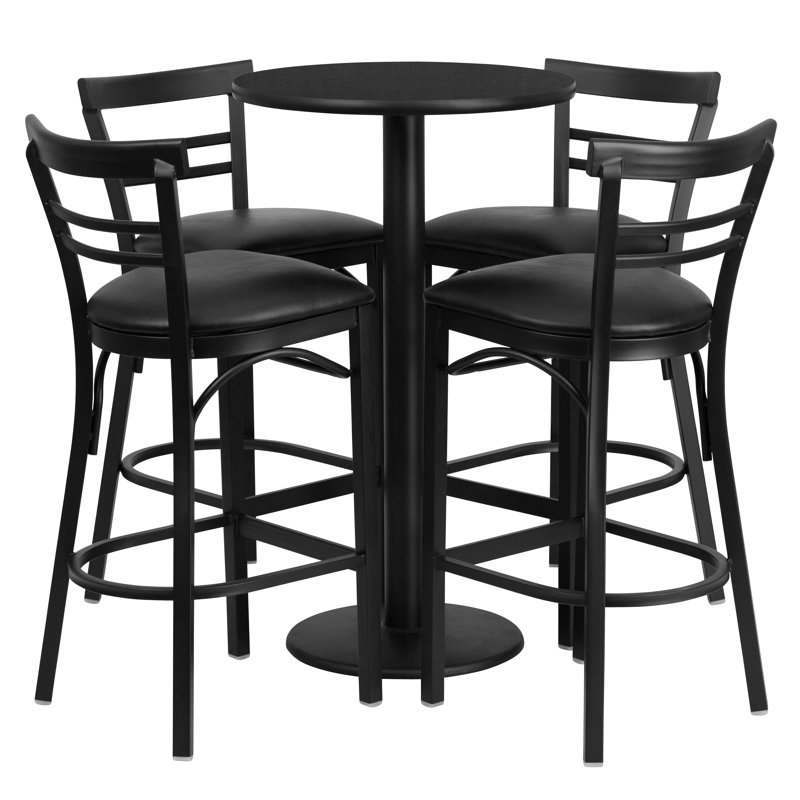 Naro 24'' Round Laminate Table Set with Round Base and 4 Ladder Back Metal Barstools, Black Faux Leather, Black Faux Leather