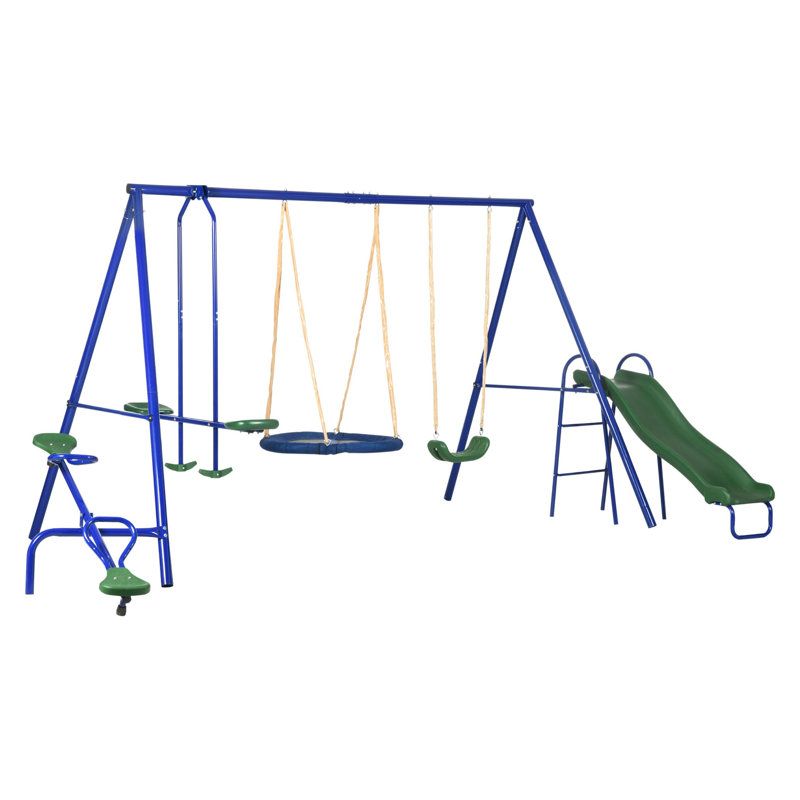 Portique en acier robuste 5 en 6 avec balançoire, balançoire à bascule, balançoire à disque, glissade et balançoire simple pour la cour arrière 616 lb