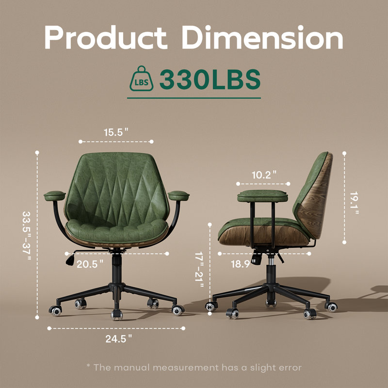 Mid Century Modern Office Desk Chair with Arms, Premium Olive Green Faux Leather Computer Chair, Height Adjustable Vintage Swivel Task Chair for Home Office