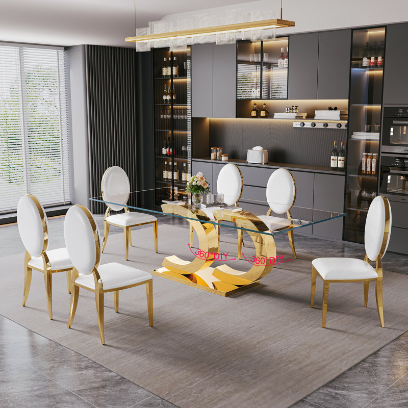 Modern Dining Table Set, 78.7” Rectangular Glass Dining Table with PU Leather and Mirror Stainless Steel Chairs, Gold