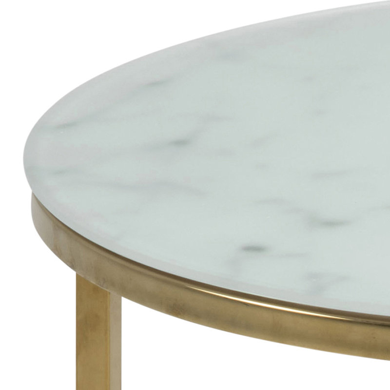 Alisma Round Side Table with Crystal Clear Marble Glass Top & Gold Legs, White Marble/Gold