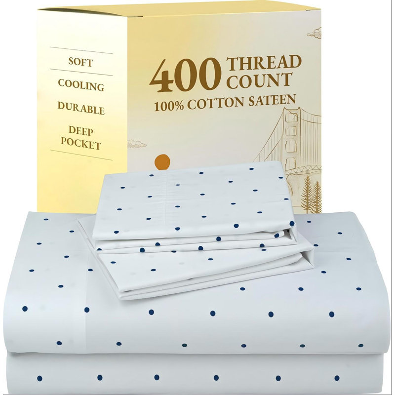 Polka Dot Pattern Queen Sheet Set, 400 Thread Count Satin 100% Cotton, Deep Pocket Design For Durability.