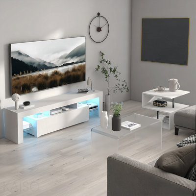 Meuble télé à DEL pour téléviseur de 55 po ou moins, meuble audio-vidéo moderne avec porte en duvet, tablette en verre et façade UV ultrabrillante, console de télévision