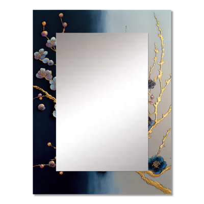 Blue Cherry Blossom Branch II - Bonsai Large Mirror, Blue Unique Wall Mirror Decor, Printed Metal Art