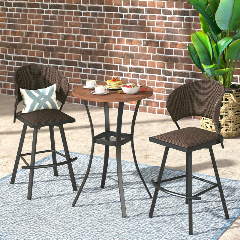 3 Pieces Patio Wicker Bar Set, Black/Brown/Light Brown
