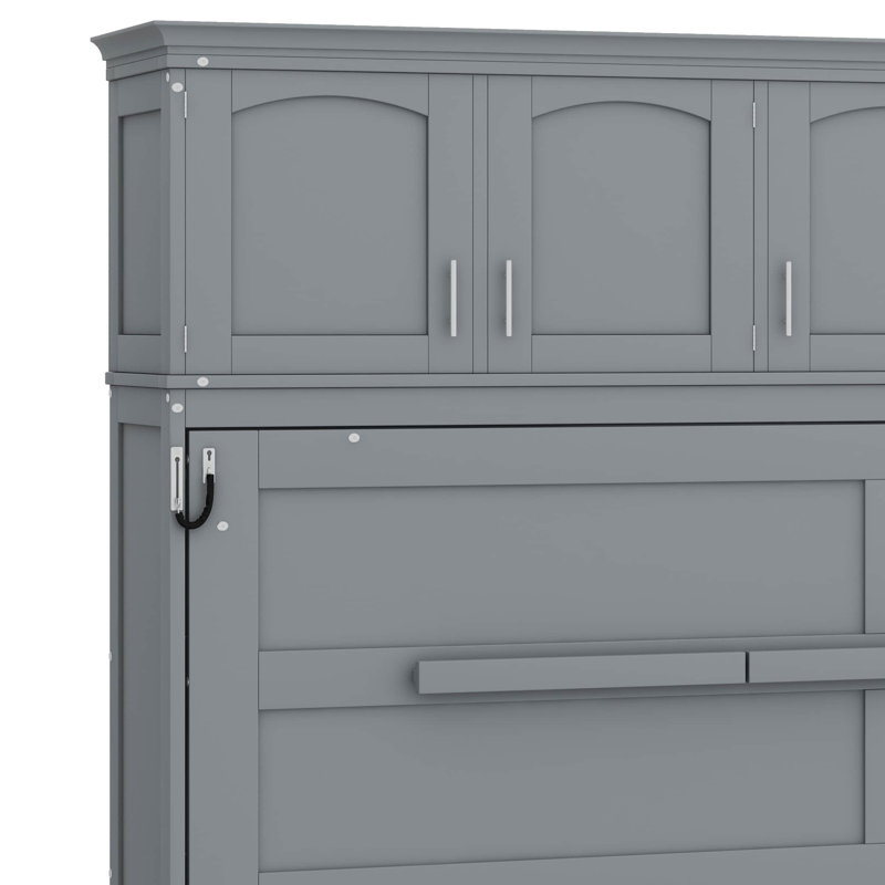 Lit escamotable double pleine grandeur avec armoires de rangement supérieures, Gris, Lit double