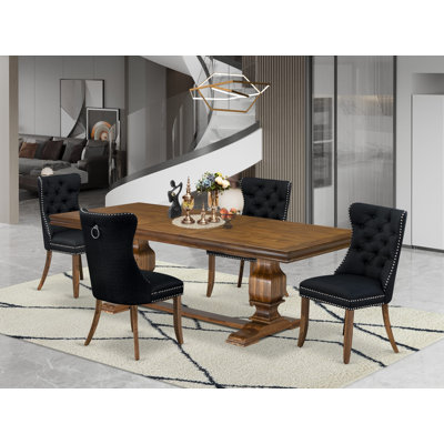 Ensemble de salle à manger 5 pièces moderne comprenant une table de cuisine rectangulaire et 4 chaises de salle à manger en tissu de polyester noir, noyer antique