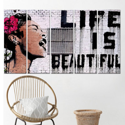 Banksy Woman Graffiti Art Printed Canvas - Modern Wall Decor,5P Wrapped Canvas