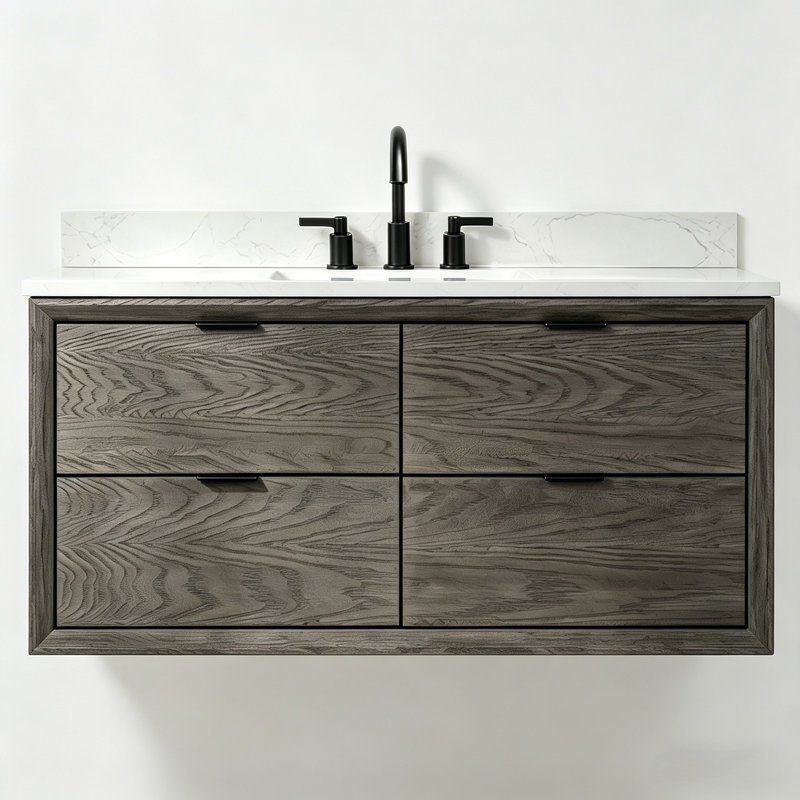 48" Transitional Floating Single Sink Solid Wood Gray Oak Bath Vanity with Engineered Marble Top, Gray Oak