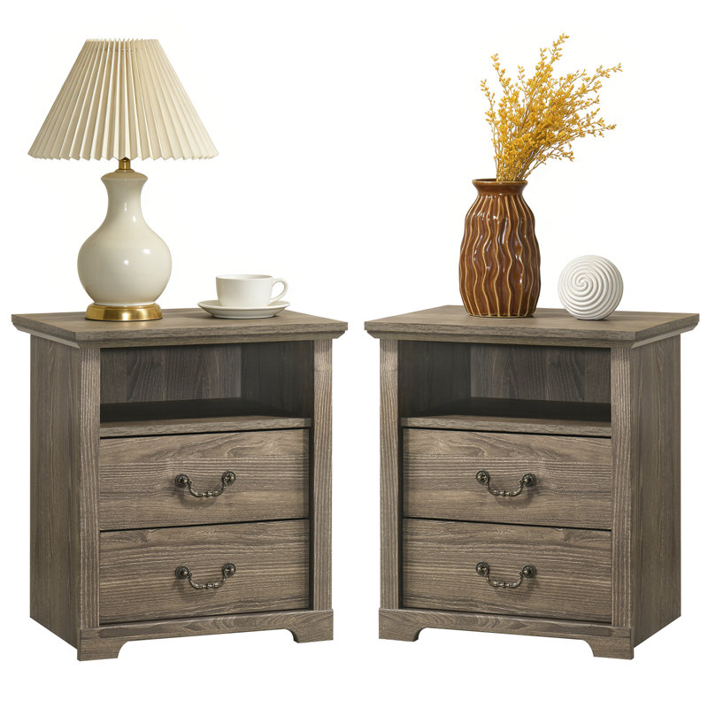 Rutland Set Of 2, Rustic Wood Rutlands With 2 Storage Drawers, Bedside Table With Open Shelf For Bedroom, Dark Gray