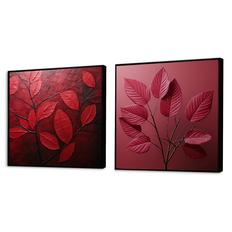 Feuilles de cerisier - Ensemble de 2 feuilles carrées, Cadre flottant noir, H 36 po x l 73 po