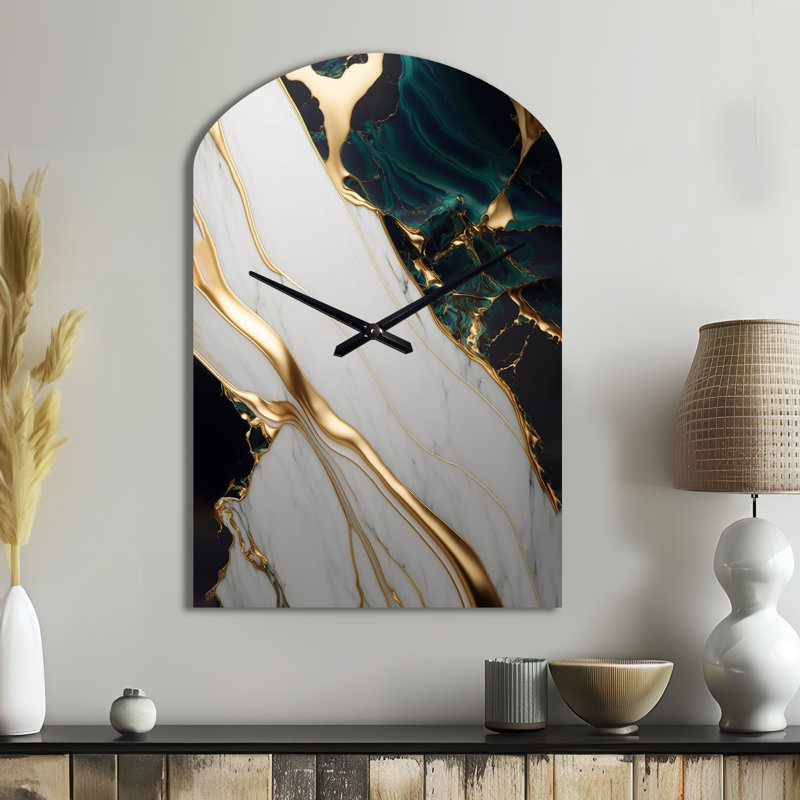 Abstract Geode Gold And Green Marble II - Arch Shape Large Green Wall Clock Sculpture, Large