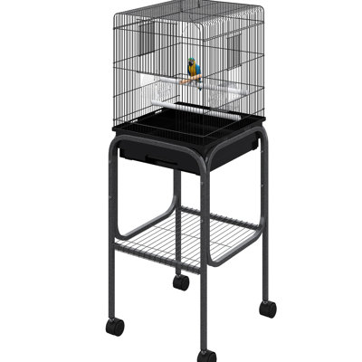 Cage à perroquet en métal de 45 pouces - Volière spacieuse avec support roulant amovible, zone de rangement et cage noire pour amusement d'oiseaux, cruche d'eau, perchoir