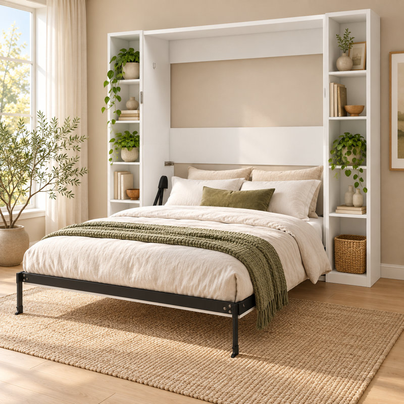 Lit escamotable Foldelune Queen avec deux rangements latéraux, blanc, gain de place, structure métallique, 26 lattes en bois massif multicouches, pieds automatiques, vérin hydraulique à deux niveaux