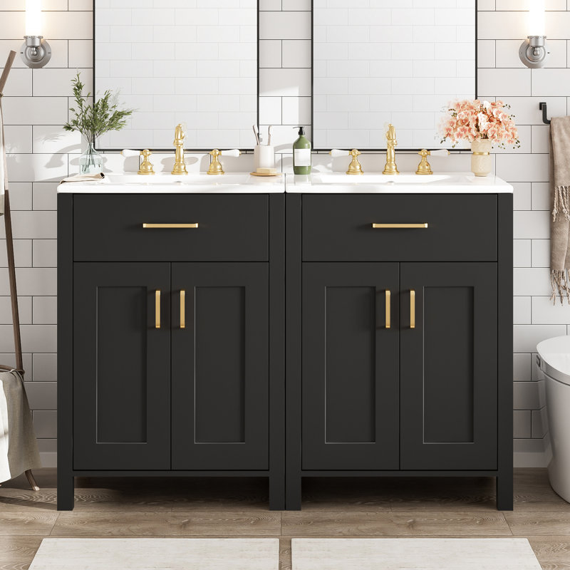Meuble-lavabo moderne de 122 cm (48 po) avec deux lavabos en céramique, fermeture amortie, tablette en U réglable et poignées dorées esthétiques.