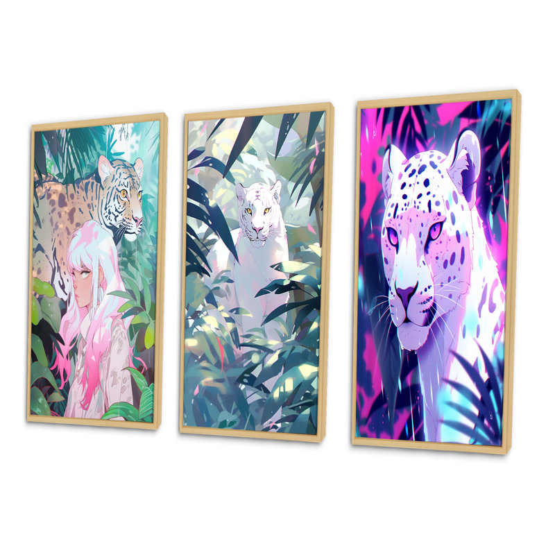 «Tigre sauvage avec une jeune fille dans la jungle», 3 pièces sur toile, Encadrement brun, H 40 po x l 60 po