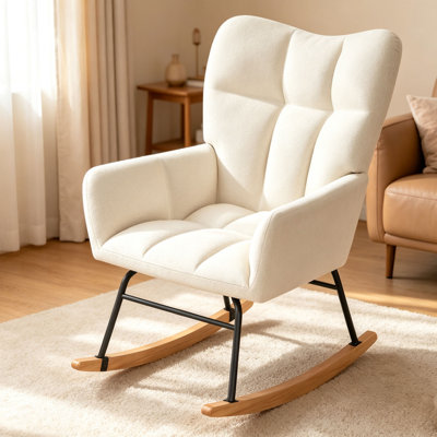 Rocking Chairs for Nursery, Upholstered Glider Rocking Chair, High Back Accent Armchair with Wood Legs for Living Room & Bedroom, White
